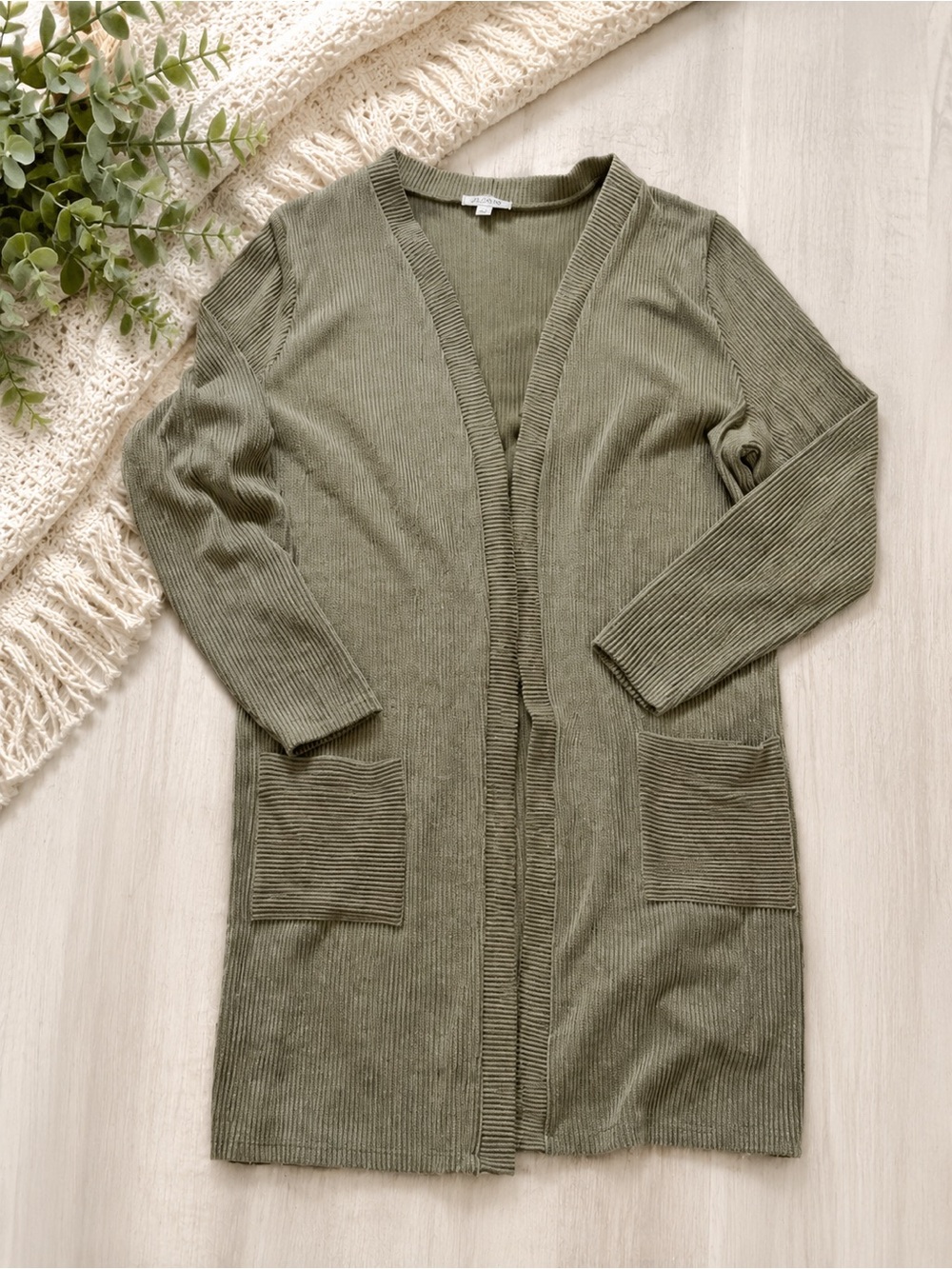 Jillian N Olive Green Ribbed Longline Open Front Cardigan Sweater 2X